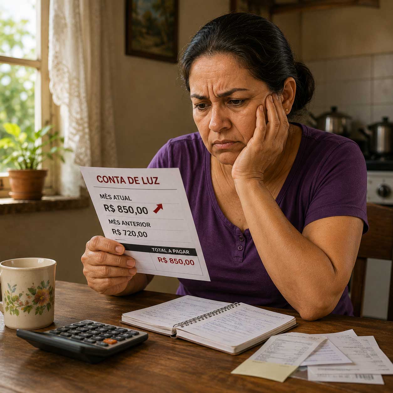 Dona Maria analisando sua conta de energia